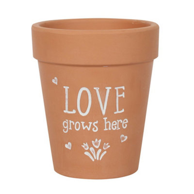 Terracotta Plant Pot With Text Love Grows Here (H16 x W15 cm)