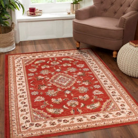Terracotta Traditional Bordered Floral Easy to clean Rug for Dining Room Bed Room and Living Room-120cm X 170cm