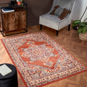 Terracotta Traditional Bordered Floral Persian Rug for Dining Room-160cm X 225cm