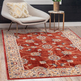 Terracotta Traditional Bordered Floral Rug Easy to clean Dining Room-120cm X 170cm