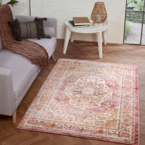 Terracotta Traditional Easy to Clean Abstract Floral Rug For Dining Room-120cm X 170cm