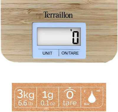Terraillon Natural Bamboo Digital Kitchen Scale - Tare, Liquid Conversion, Capacity 3 kg max - Eco Kitchen Scales