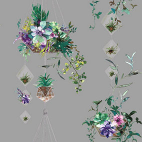 Terrarium Wallpaper Floral Botanical Basket Metallic Grey