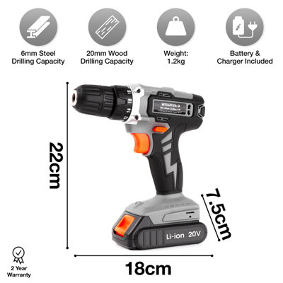 Terratek 20V Cordless Drill 1 hr Charge Li Ion Rechargeable DIY