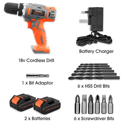 Terratek Cordless Drill & Drill Bit Set 18V 2 Batteries & Charger Included