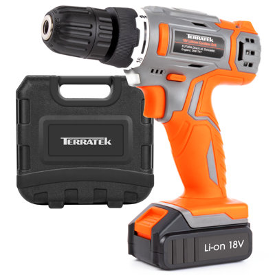 Terratek Cordless Drill & Drill Bit Set 18V Battery & Charger and Case Included