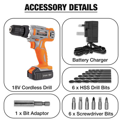 Terratek Cordless Drill Drill Bit Set 18V Battery Charger and Case Included
