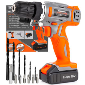 Terratek Cordless Drill & Drill Bit Set 18V Battery & Charger Included