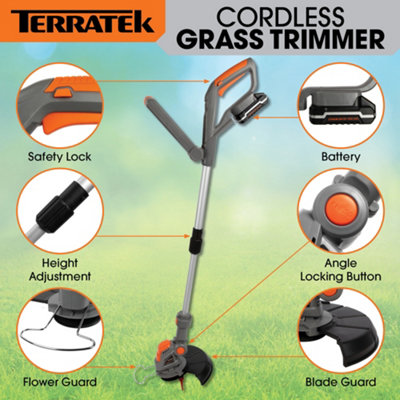 Terratek Cordless Grass Strimmer 20V 1HR Fast Charge Rechargeable Grass Trimmer with 10X Blades Battery and Charger Included