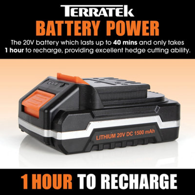 Terratek Cordless Hedge Trimmer 20V Li-Ion Long Reach Telescopic Garden Hedge Cutter, 1 Hr Fast Charge Battery & Charger Included