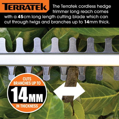 Terratek Cordless Hedge Trimmer 20V Li-Ion Long Reach Telescopic Garden Hedge Cutter, 1 Hr Fast Charge Battery & Charger Included