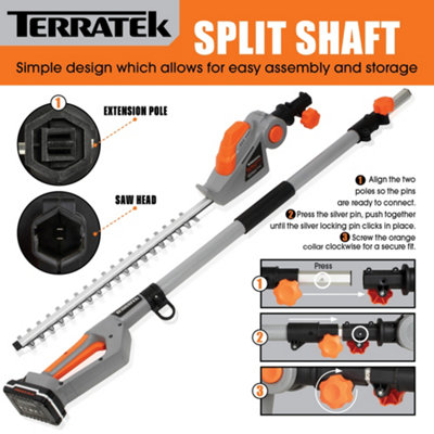 Terratek Cordless Hedge Trimmer 20V Li-Ion Long Reach Telescopic Garden Hedge Cutter, 1 Hr Fast Charge Battery & Charger Included