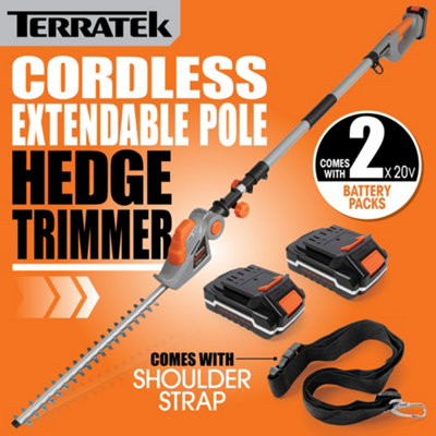 Terratek Cordless Hedge Trimmer 20V Long Reach Hedge Cutter with 2 Li-Ion 1Hr Charge Batteries & Charger, Garden Pole Hedge Cutter