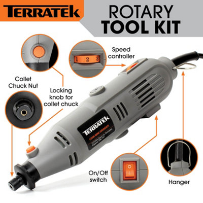 Terratek Rotary Tool Kit 135W&  Accessory Set Variable Speed 8000-33000rpm Ideal for DIY Woodwork & Hobby Craft Dremel Compatible