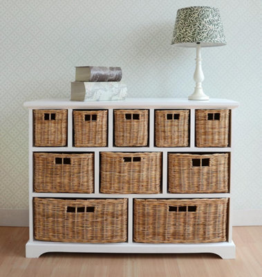 Tetbury 10 Drawer Storage Unit- White with Wicker Baskets