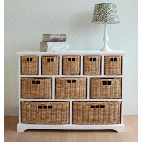 Tetbury 10 Drawer Storage Unit- White with Wicker Baskets