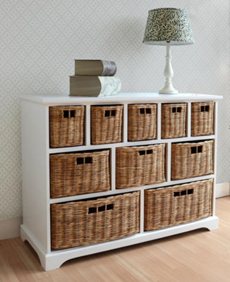 Tetbury 10 Drawer Storage Unit- White with Wicker Baskets