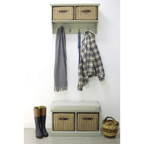 Tetbury 2 Faux Rattan Basket and Cream Cushion Hallway Set - Sage Green