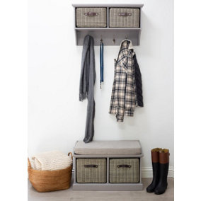 Tetbury 2 Grey Faux Rattan Basket and Grey Cushion Hallway Set - Dove Grey