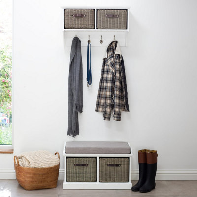 Tetbury 2 Grey Faux Rattan Basket and Grey Cushion Hallway Set- White