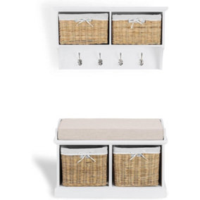 Tetbury 2 Natural Wicker Basket and Cream Cushion Hallway Set- White