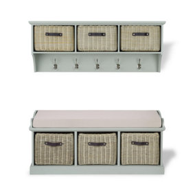 Tetbury 3 Faux Rattan Basket and Cream Cushion Hallway Set - Sage Green