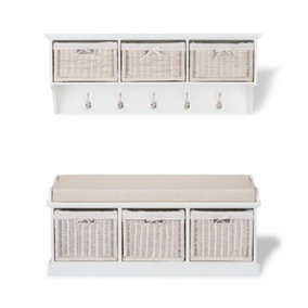 Tetbury 3 White Wicker Basket and Cream Cushion Hallway Set -White
