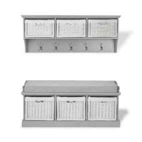 Tetbury 3 White Wicker Basket and Grey Cushion Hallway Set - Dove Grey