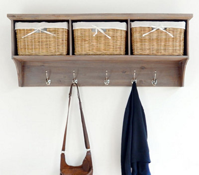 Tetbury Acacia Wood Hanging Shelf with Coat Hooks and Storage Baskets - Large