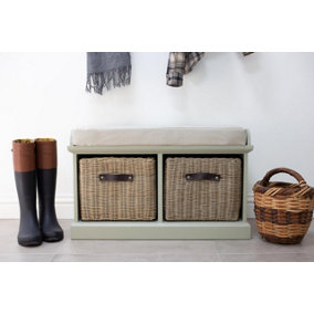Tetbury Bench with 2 Brown Faux Rattan Baskets and Cream Cushion- Sage Green