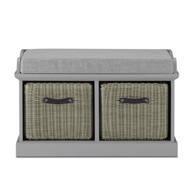 Tetbury Bench with 2 Grey Faux Rattan Baskets and Grey Cushion- Dove Grey