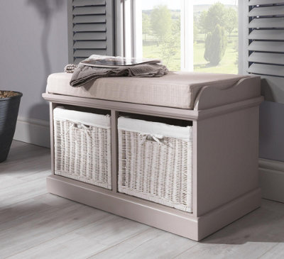 Tetbury Bench with 2 White Wicker Basket and Cream Cushion- Truffle