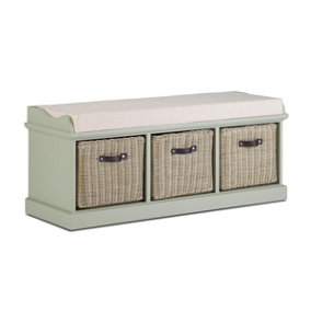 Tetbury Bench with 3 Brown Faux Rattan Baskets and Cream Cushion- Sage Green