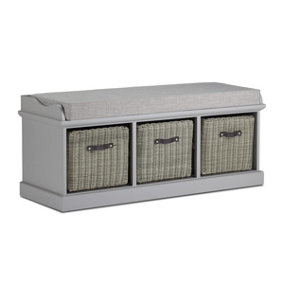 Tetbury Bench with 3 Grey Faux Rattan Baskets and Grey Cushion- Dove Grey