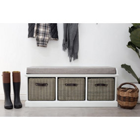 Tetbury Bench with 3 Grey Faux Rattan Baskets and Grey Cushion- White