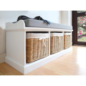 Tetbury Bench with 3 Natural Wicker Baskets and Grey Cushion- White