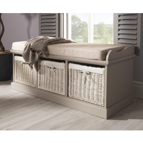 Tetbury Bench with 3 White Baskets and Cream Cushion- Truffle
