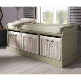 Tetbury Bench with 3 White Wicker Basket and Cream Cushion- Sage Green
