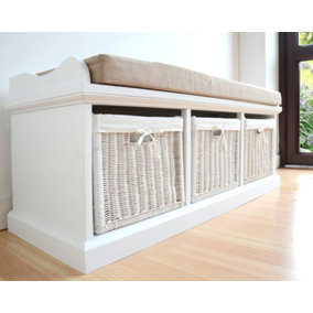 Tetbury Bench with 3 White Wicker Baskets and Cream Cushion- White