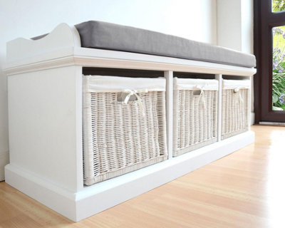 White Wooden Bench with 3 Baskets - 104x33x50cm main image 0