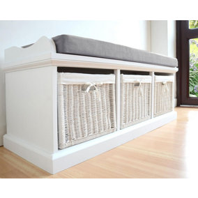 Tetbury Bench with 3 White Wicker Baskets and Grey Cushion- White