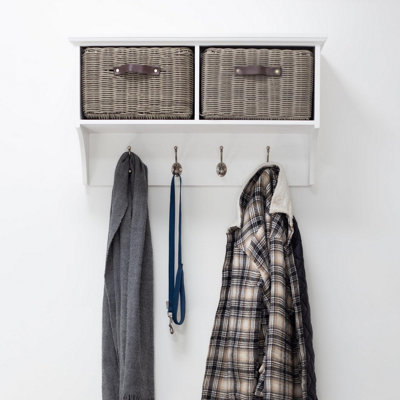 Tetbury Hallway Shelf with Coat Hooks and Two Storage Baskets - White