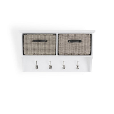 Tetbury Hallway Shelf with Coat Hooks and Two Storage Baskets - White