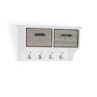 Tetbury Hallway Shelf with Coat Hooks and Two Storage Baskets - White