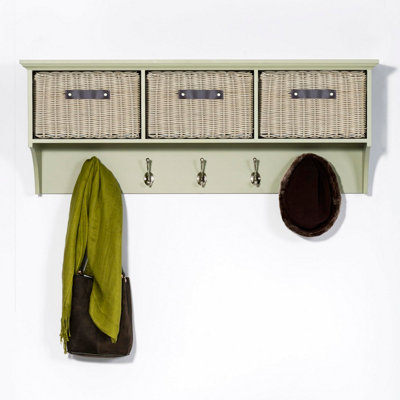 Tetbury Wall Mounted Hanging Shelf with 3 Storage Baskets - Sage Green
