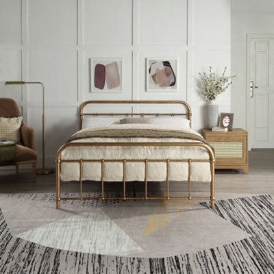 TEWIN VINTAGE HOSPITAL STYLE ANTIQUE BRASS KING SIZE METAL BED FRAME