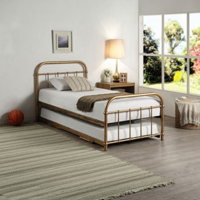 TEWIN VINTAGE HOSPITAL STYLE ANTIQUE BRASS SINGLE METAL BED FRAME