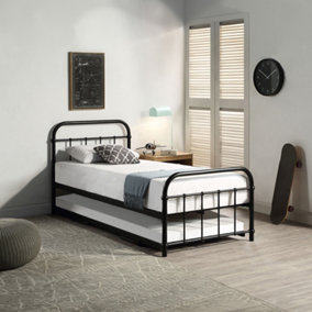 TEWIN VINTAGE HOSPITAL STYLE BLACK SINGLE METAL BED FRAME WITH GUEST TRUNDLE BED