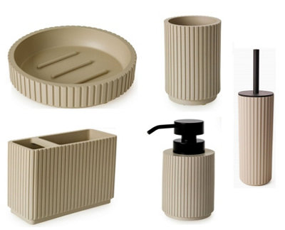 Textured 5 Pcs Dish Toothbrush Dispenser Tumbler Toilet Brush Holder Set - Almond