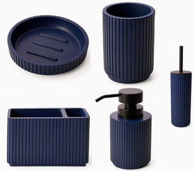 Textured 5 Pcs Dish Toothbrush Dispenser Tumbler Toilet Brush Holder Set - Blue